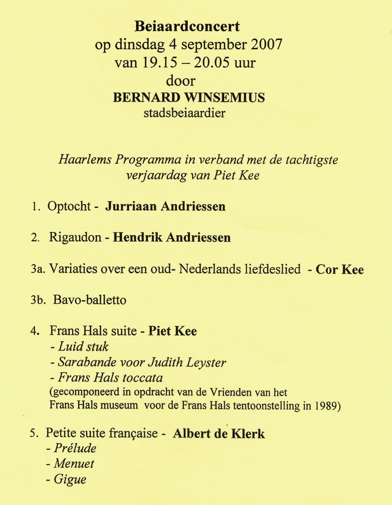 Programma Bernard Winsemius 4 september 2007 Beiaardconcert