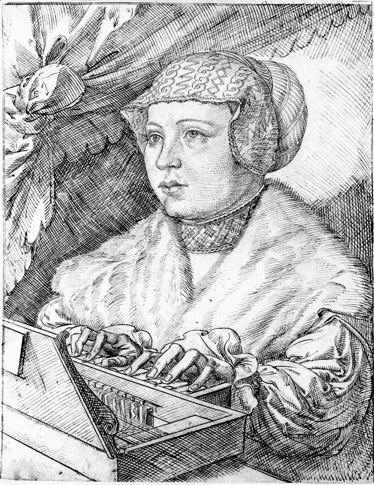 De clavichordspeelster, ets van Jan Corneliszoon Vermeyen (1500-1559)