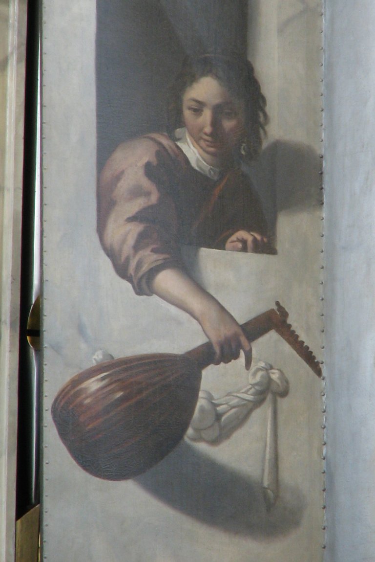 Vrouw met luit, detail luik noorder pedaaltoren