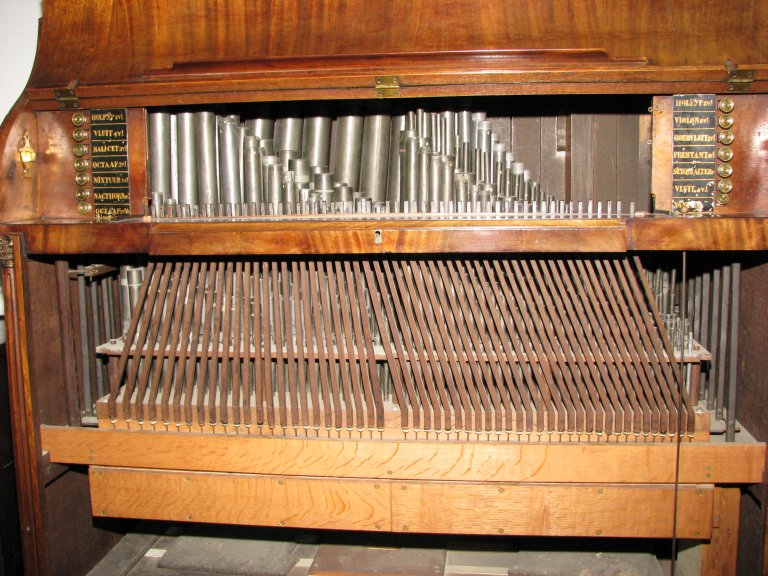 Windlade met slepen en registermechaniek